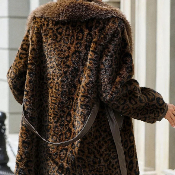 Coffee Brown Casual Women's Long Sleeve Fluffy Leopard Print Button Coat - Picture 2 of 8